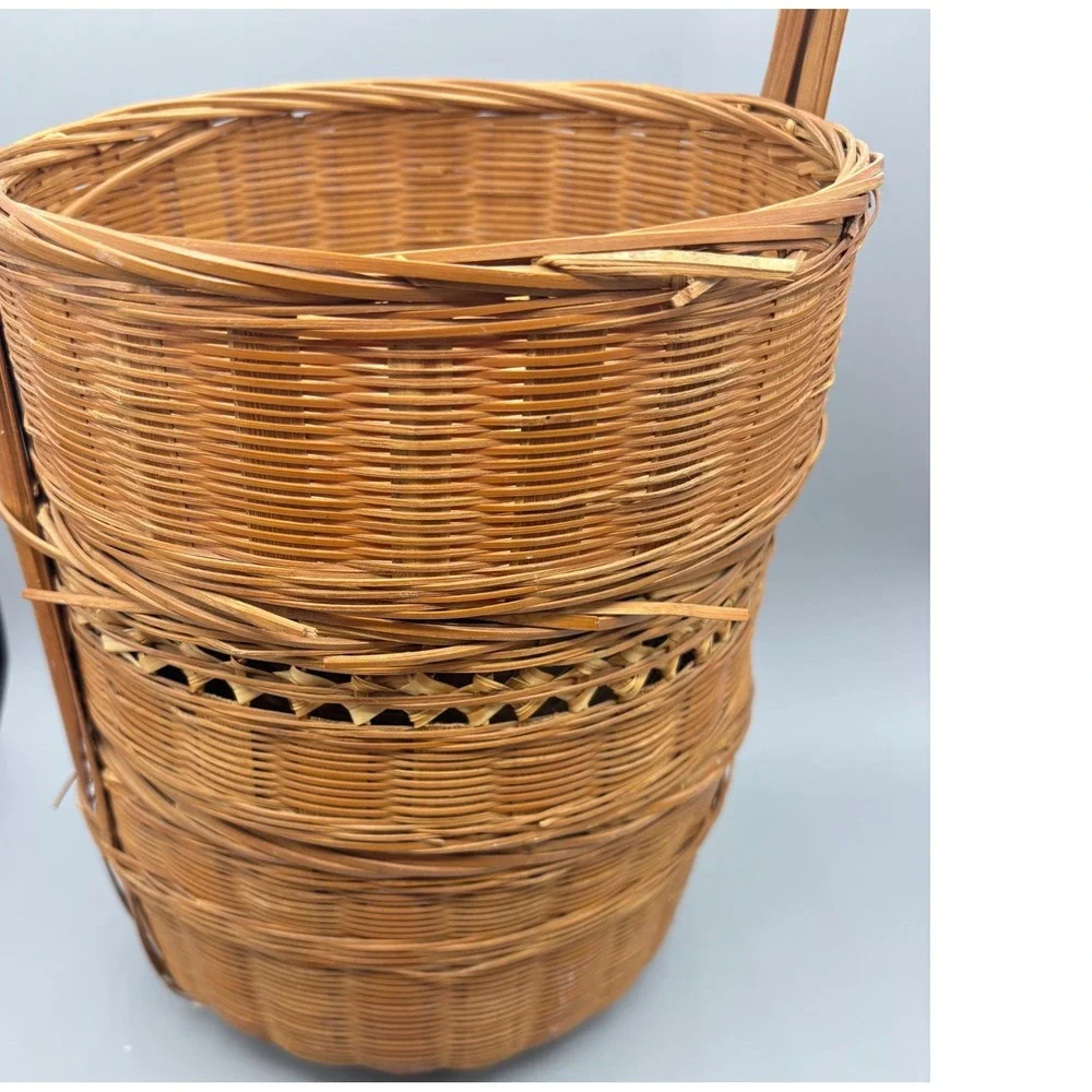 Vintage Chinese Wedding Basket 3 Tier‎ Woven Bamboo Wicker Tiffin Carrier 15